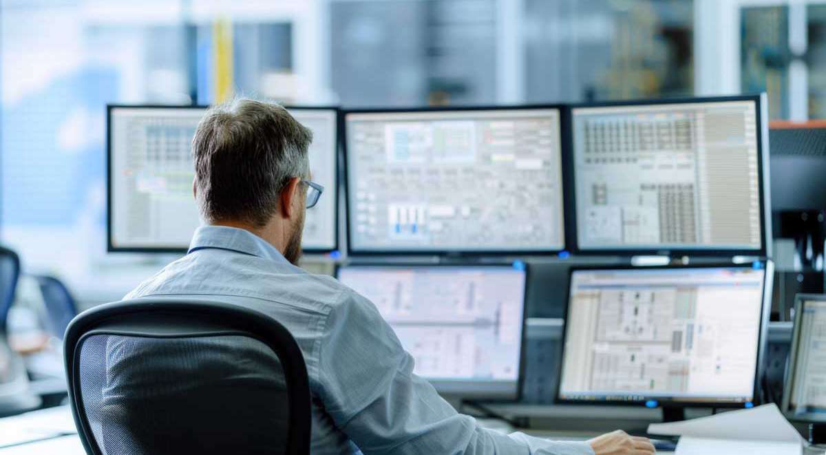 Engineer monitoring DCIM dashboards with real time telemetry, asset management data and power quality analytics in a data center control room