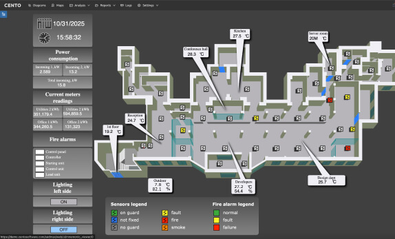 Digital twin visualization of office spaces using CENTO for real-time energy efficiency and facility monitoring.