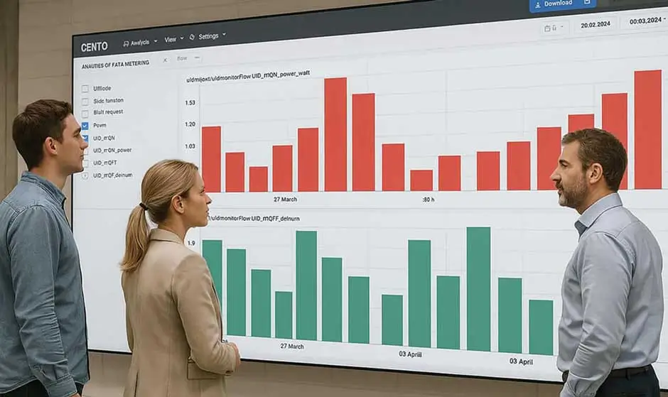 Team reviewing an industrial historian dashboard with time series data, production trends, energy analytics and digital twin based performance insights