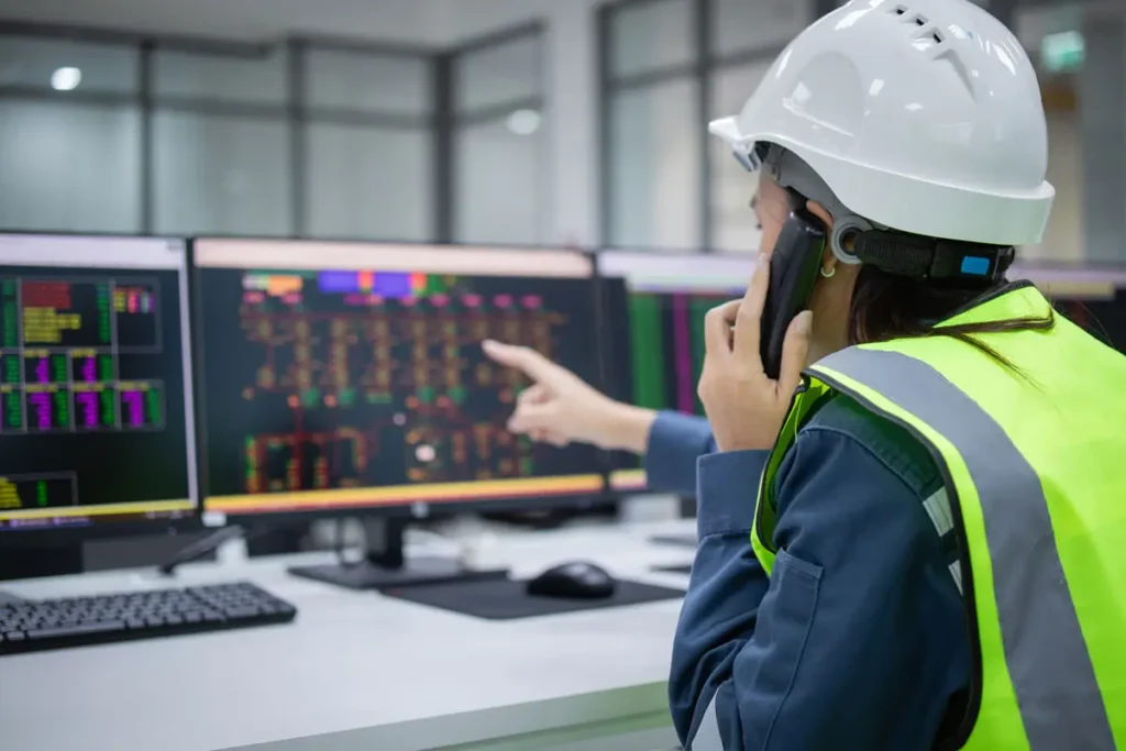 Industrial energy manager analyzing power quality data using AI and machine learning in a control room