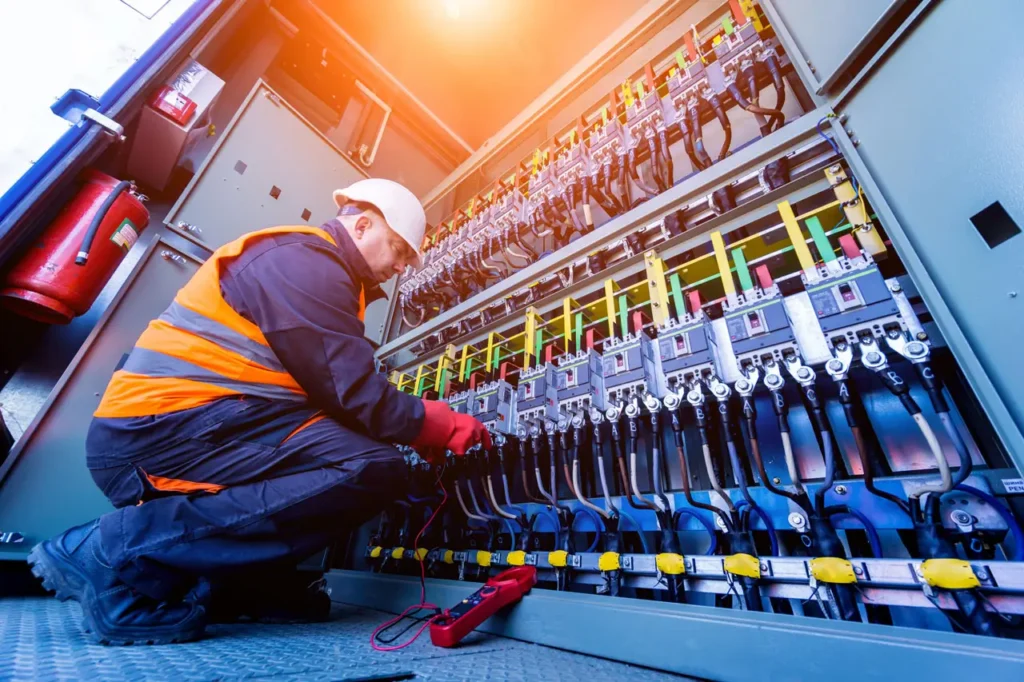 Engineer checking an industrial electrical panel during power quality event monitoring