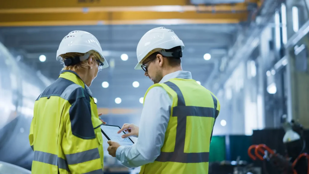 Engineers reviewing production and operational data on the plant floor to identify energy efficiency improvement opportunities