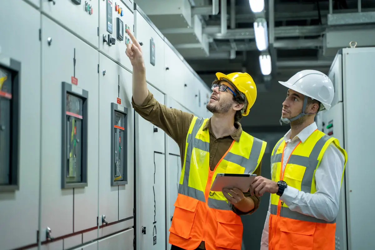 Industrial workers reviewing energy optimization data in an electrical control room.
