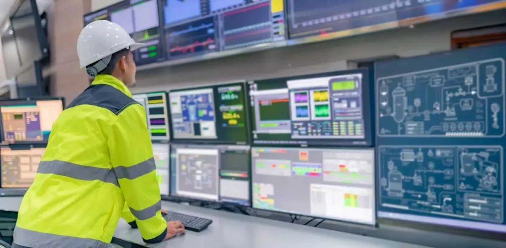Industrial energy management operator monitoring real-time energy consumption dashboards in a facility control room