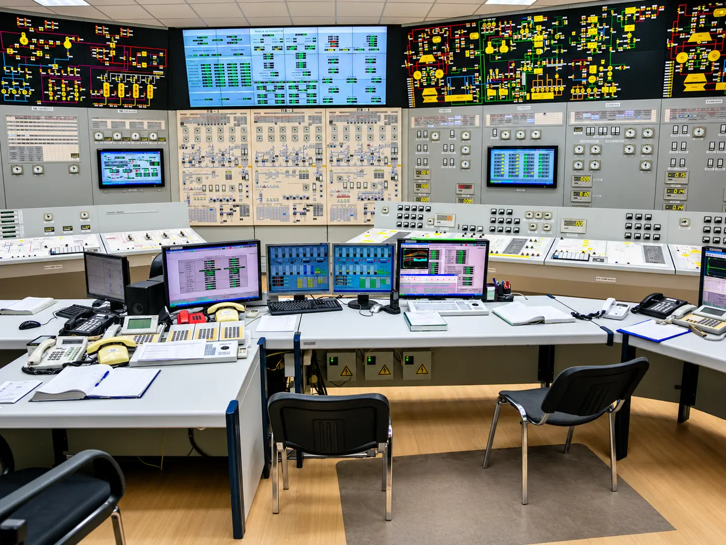 Industrial control room with wall-mounted process diagrams, instrument panels, and SCADA operator workstations.